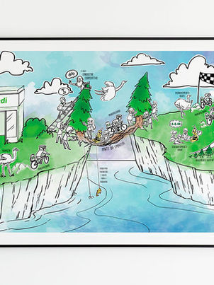 Mapa estratégico ilustrado Ouro Verde em uma moldura pendurada em uma parede branca.