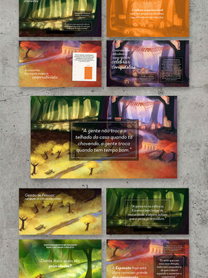 Conjunto de slides de uma apresentação com ilustrações que mostram florestas com cores e elementos escolhidos para facilitar a setorização das informações durante a apresentação.