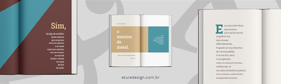 Exemplos de páginas do livro "O menino de metal", evidenciando a tipografia.