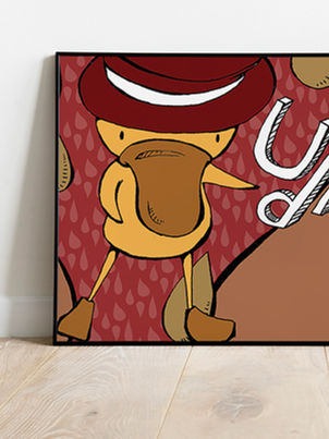 Ilustração emoldurada apresentando o Duque, um dos mascotes da marca Udi.