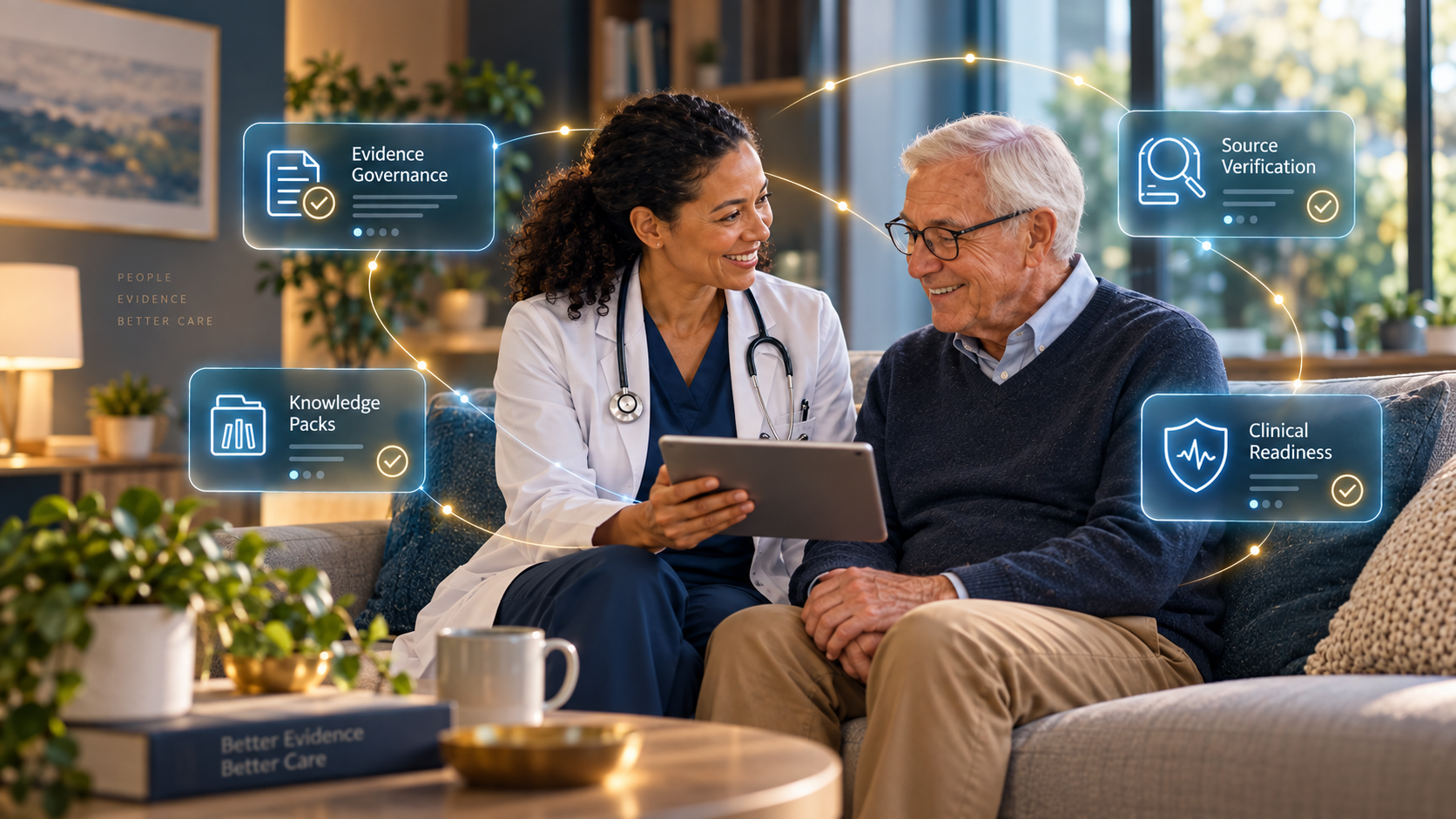 Clinician and patient collaborating with AI-assisted Evidence Governance, Knowledge Packs, Source Verification and Clinical Readiness
