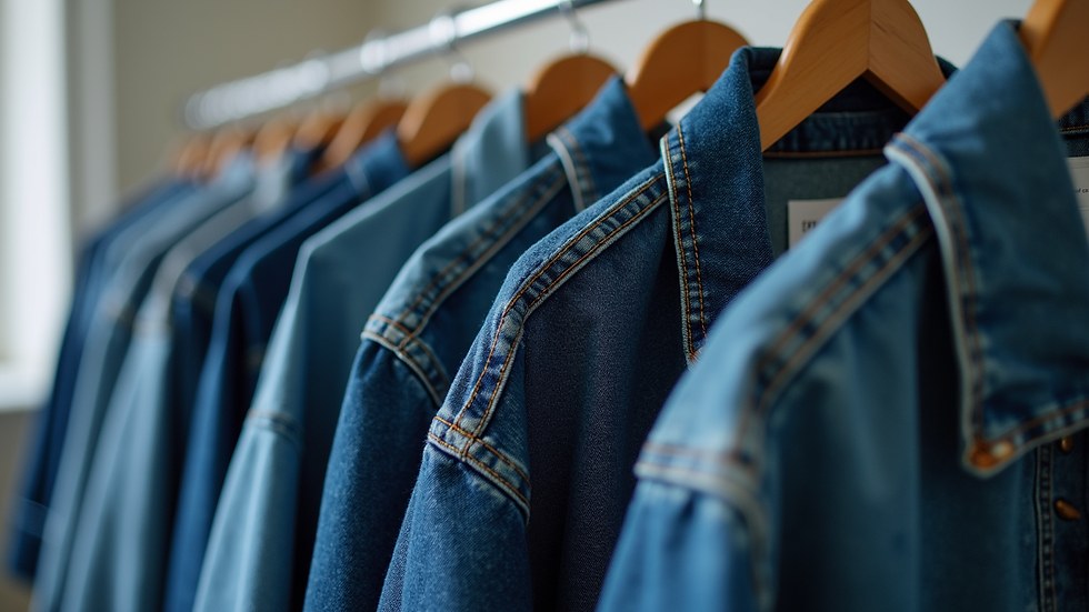 Close-up view of a gently used denim jacket hanging on a rack