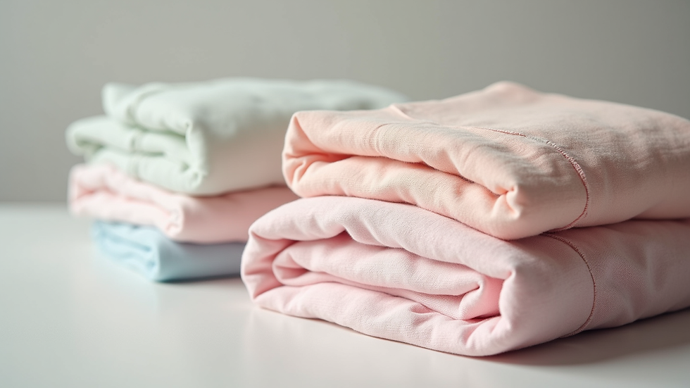 Close-up view of neatly folded baby clothes in soft pastel colors