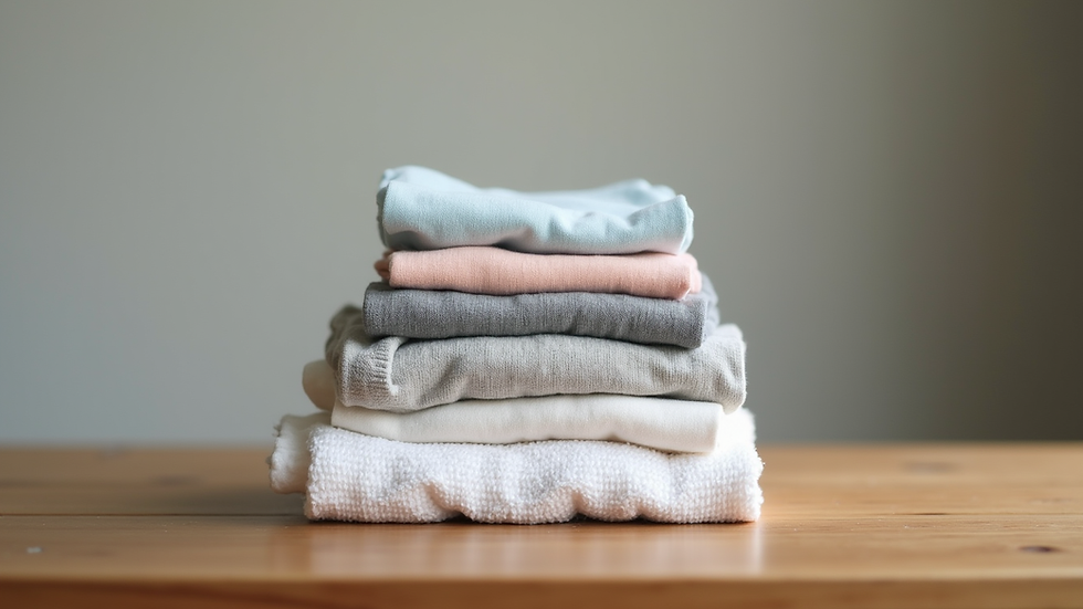 Close-up view of a neatly folded stack of children's clothes on a wooden table