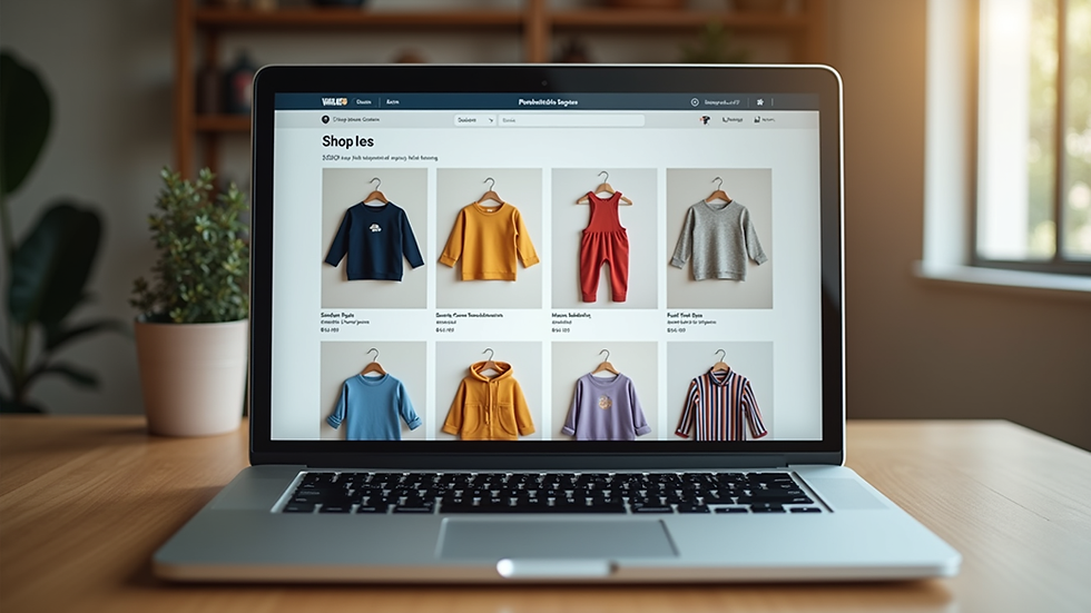 Eye-level view of a laptop screen showing a kids clothing online store