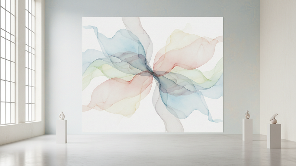 Eye-level view of a digital abstract art piece displayed in a modern gallery