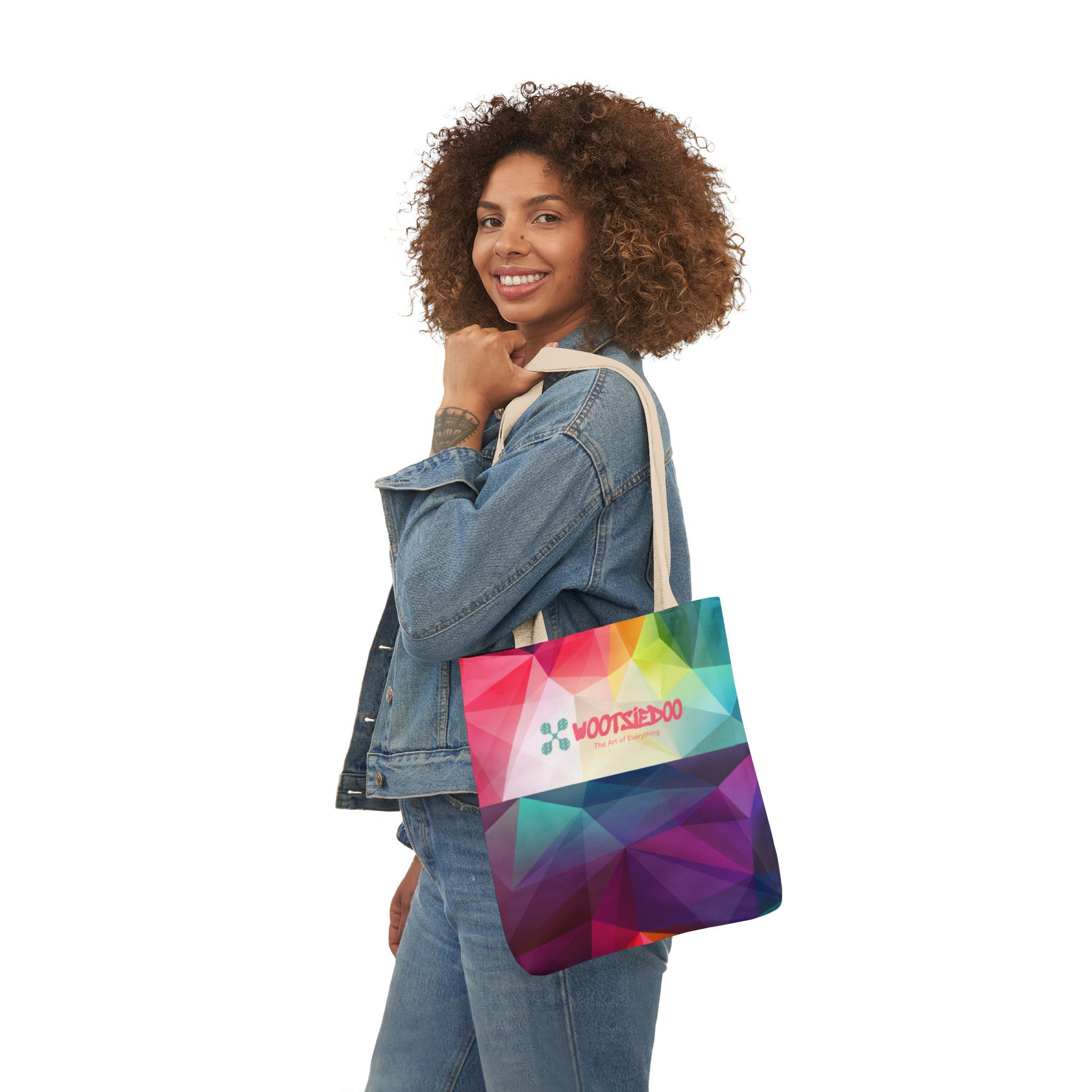 Colorful Geometric Canvas Tote — Rainbow Polygon Design with Neutral Straps