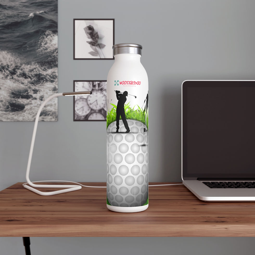 サムネイル： Golf Slim Water Bottle — Golfer Silhouette on Green Grass Stainless Steel Bottle
