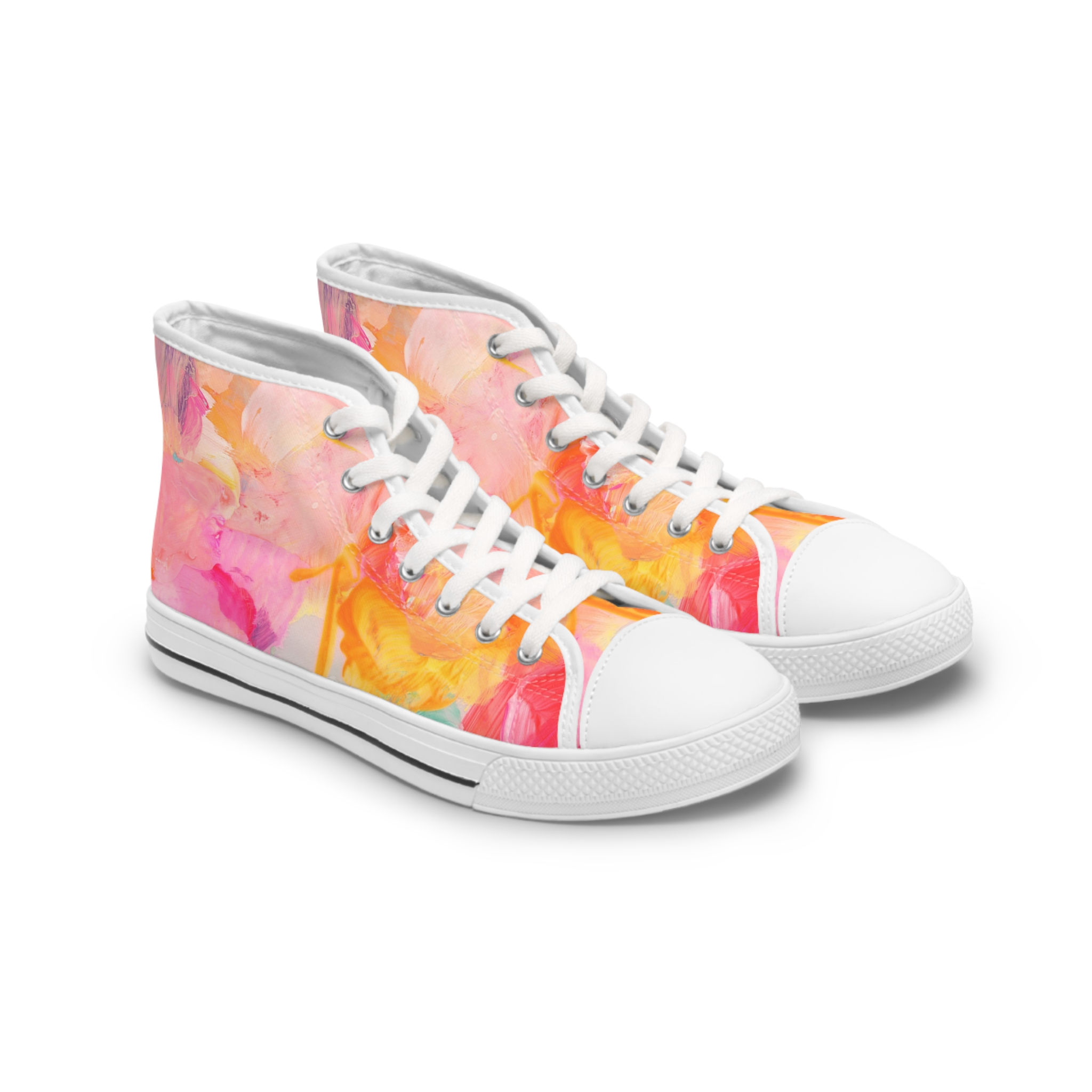 Women's High Top Sneakers — Pink Orange Watercolor Floral Canvas Shoes