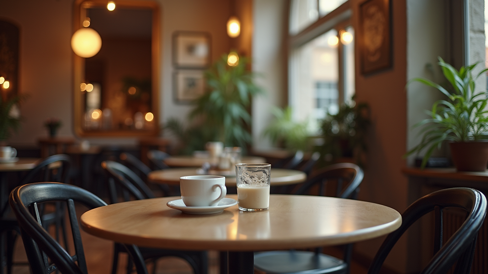 Eye-level view of a cozy café setting with a table for two