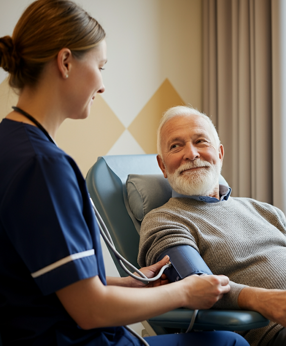 Nurse taking blood pressure, home health care services