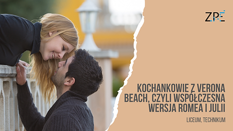 Infografika zatytułowana „Romeo i Julia – współczesna wersja” przedstawia nowoczesną interpretację dramatu Romeo and Juliet autorstwa William Shakespeare. Grafika ukazuje historię miłości dwojga młodych bohaterów osadzoną we współczesnej rzeczywistości, z elementami nawiązującymi do konfliktu między rodzinami, miłości oraz tragicznego przeznaczenia. Ilustracje i hasła sugerują przeniesienie akcji do dzisiejszych realiów, z nowoczesną stylistyką wizualną, która podkreśla emocje i dramatyzm historii.