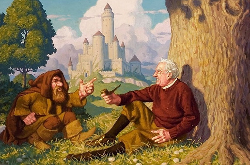 Rysunek przedstawiający Tolkiena i krasnoluda siedzących pod drzewem