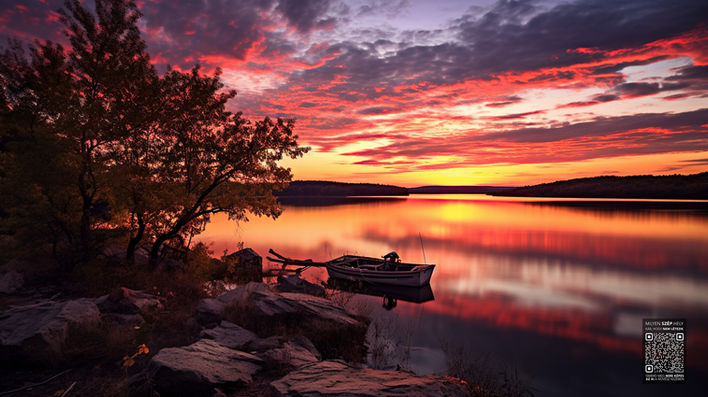 Csónak a tavon élénk narancs-vörös naplementekor, tükröződéssel a vízen.