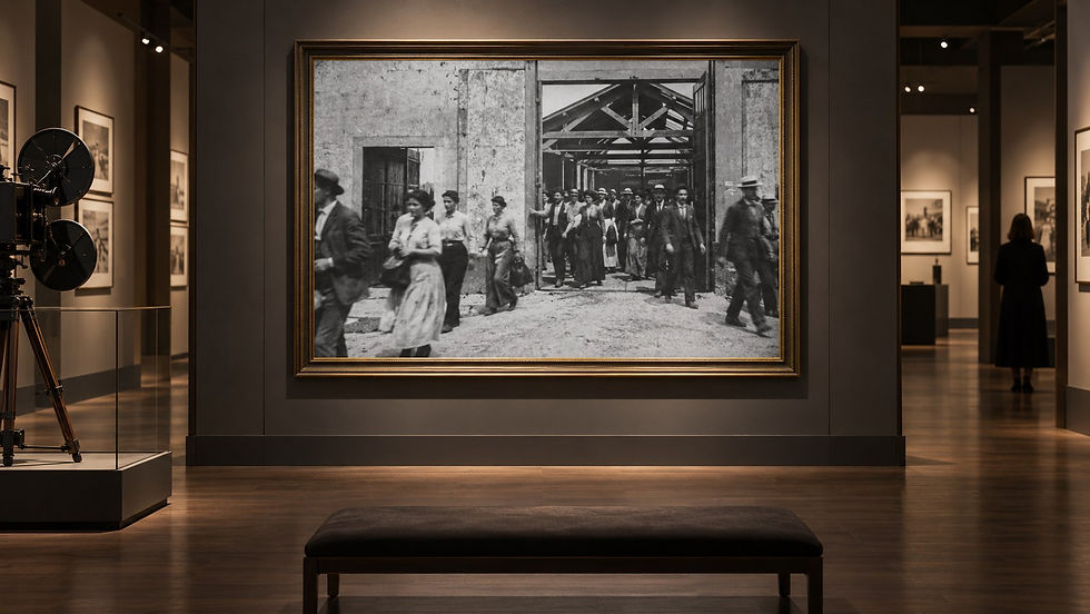 Louis Lumière's 1895 Sortie d’usine film in the consistent text-free museum gallery setting