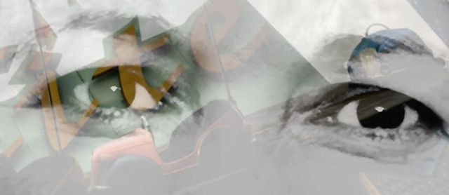 Orange car through fog and text, background blurred, Práter-kalandok 07.29.