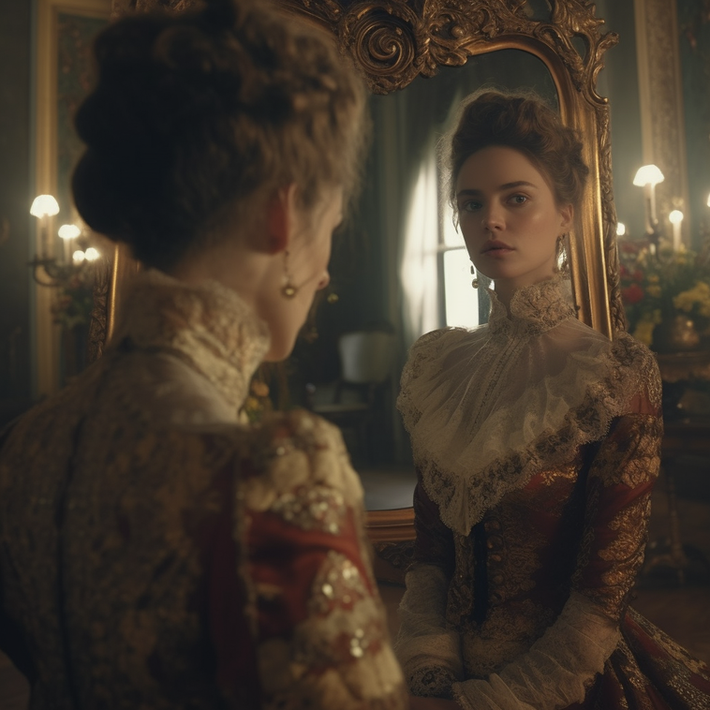 Elegáns nő nézi tükörképét egy gazdagon díszített, aranyozott tükörben.