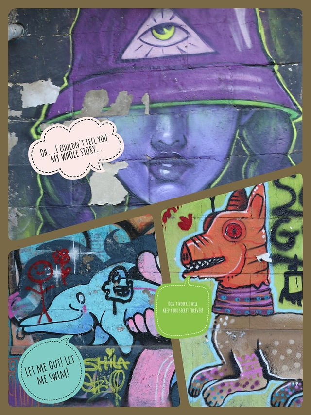 Graffiti art with text bubbles: Oh... I couldn't tell you my whole story.
