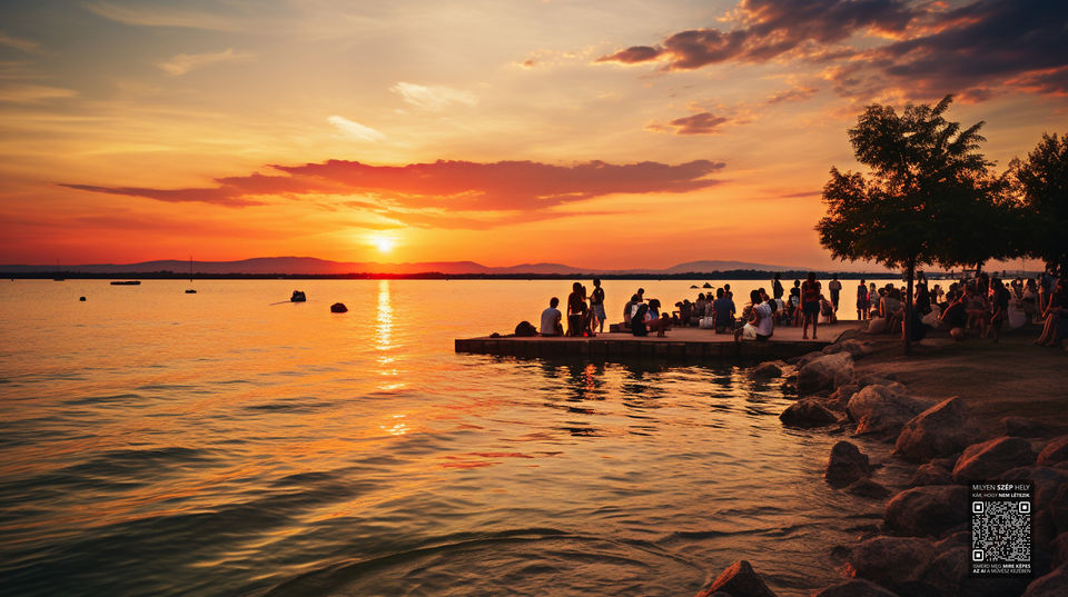 Emberek nézik a gyönyörű narancssárga naplementét a tó partján.