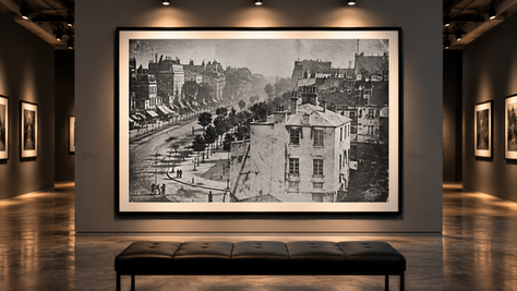 Louis Daguerre’s Boulevard du Temple, made around 1838, displayed in a frame on the wall of an elegant photography museum