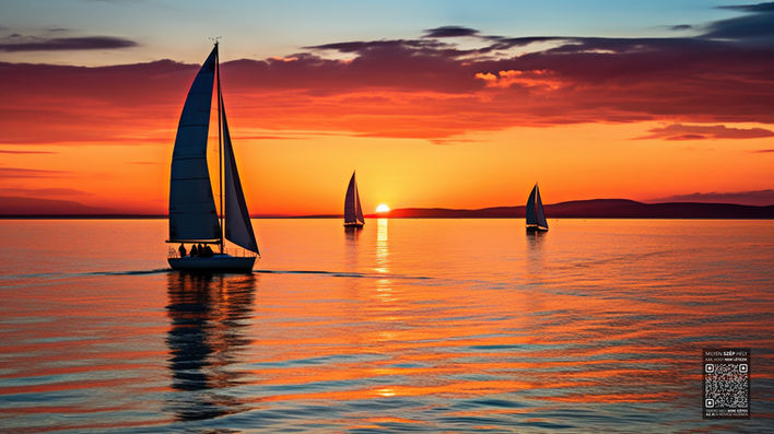 Vitorlások a vízen naplementekor, gyönyörű narancssárga égbolttal.