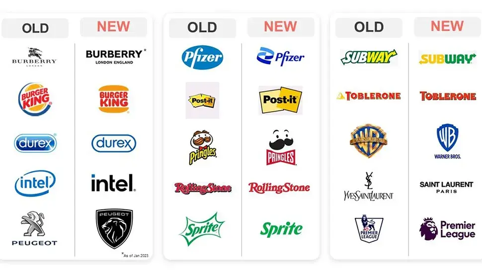 Comparação de logo antigo e novo em estilo minimalista