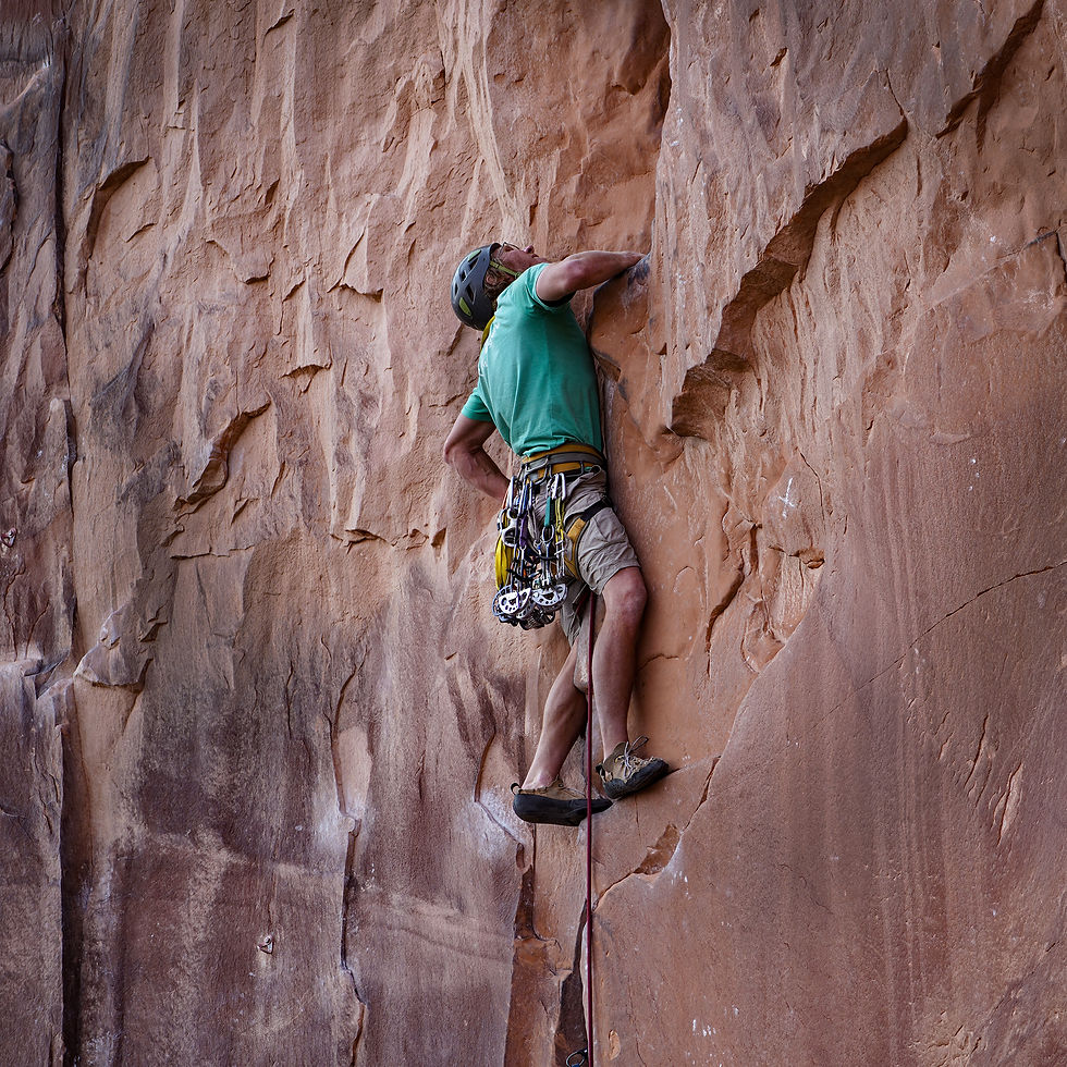Rock climber in a green shirt ascends a textured, reddish-brown cliff. He's focused, wearing a helmet with gear attached to his harness.