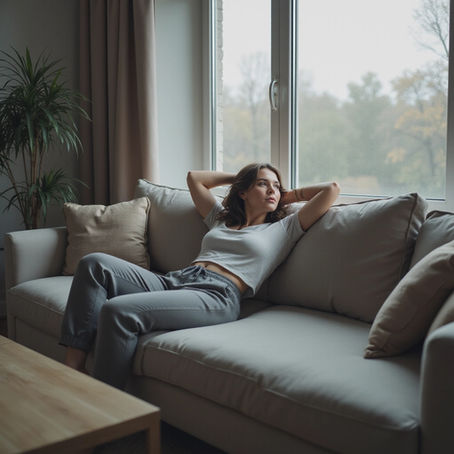  woman relaxing on the sofa, looking out the window on a grey, rainy day