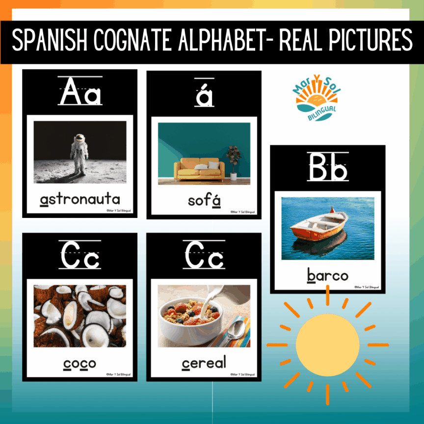 Spanish Alphabet Cognate Posters with Real pictures First Grade Kinder