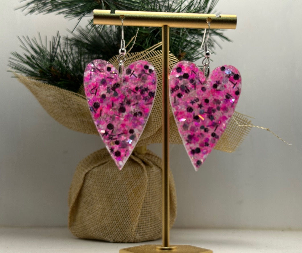 Pink Mascato Glitter Heart Resin Earrings