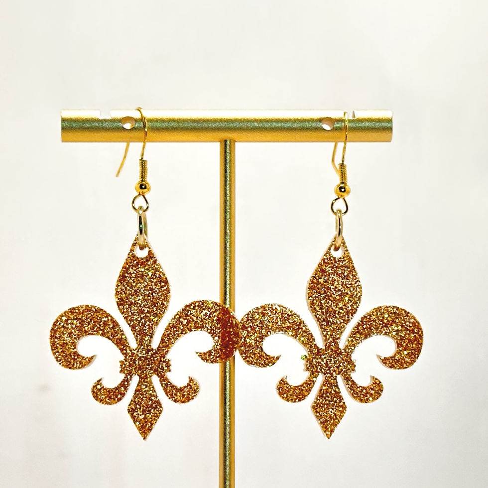 Fleur De Lis Dangle Gold Crown Fine Glitter Mardi Gras Resin Earrings