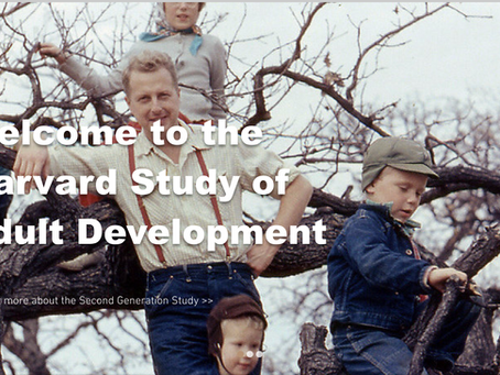 A picture of a man with 4 kids standing in a tree in the fall and showing the headline: "Welcome to the Harvard Study of Adult Development.