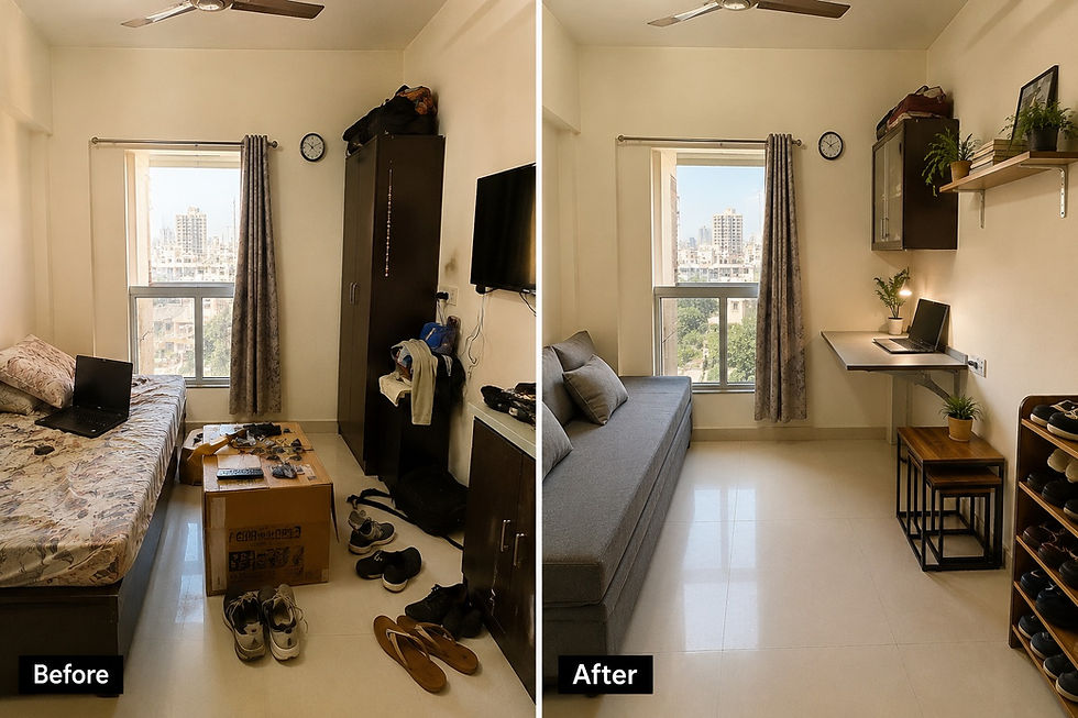 <img src="space-saving-furniture-1bhk-mumbai-living-room-2026.jpg" alt="Compact Mumbai 1BHK living room with wall-mounted folding table, sofa cum bed, nesting tables, and floating shelves showing space-saving furniture setup" title="Space-Saving Furniture for 1BHK Flats in Mumbai - Complete Setup Under ₹10,000" width="1200" height="630" loading="lazy" />