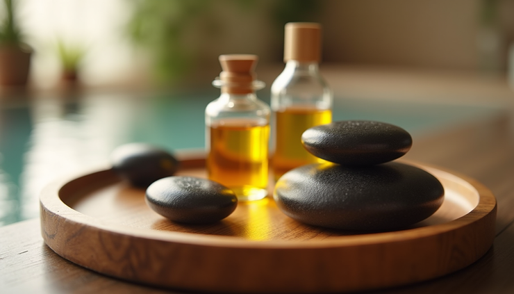 Close-up view of massage oils and stones arranged neatly on a wooden tray