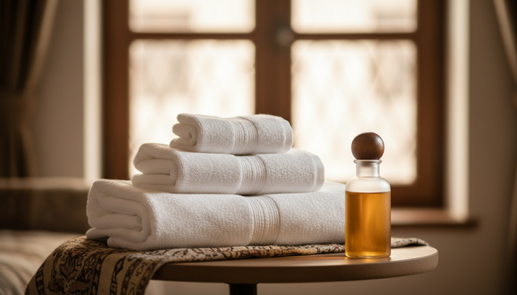 Close-up view of clean towels and massage oil in a quiet travel room