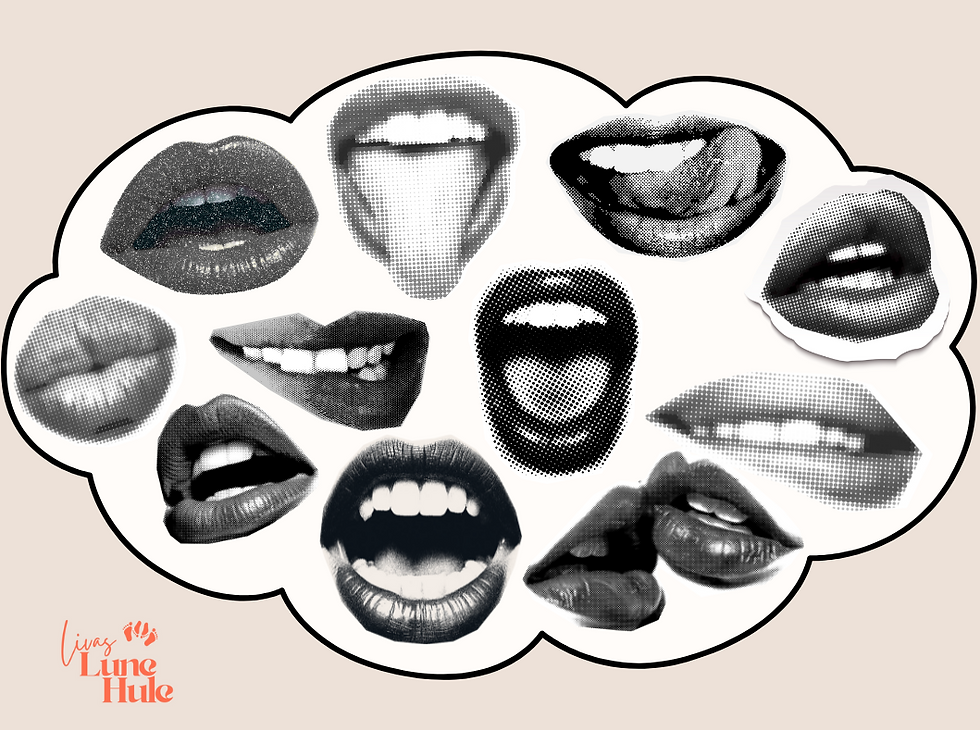 tankebobbel med en masse munde der bider sig i læben, kysser, rækker tunge, stønner.