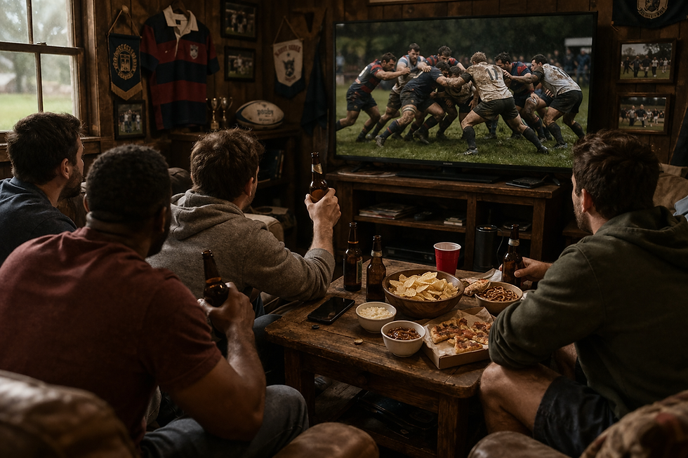 A group of rugby players sit in a cozy clubhouse, watching a match on a television. Seen from behind with no faces visible, they wear muddy jerseys and lean forward with drinks in hand. A wooden table in front of them holds beer bottles and snacks, while rugby memorabilia decorates the walls, creating a warm and communal atmosphere.