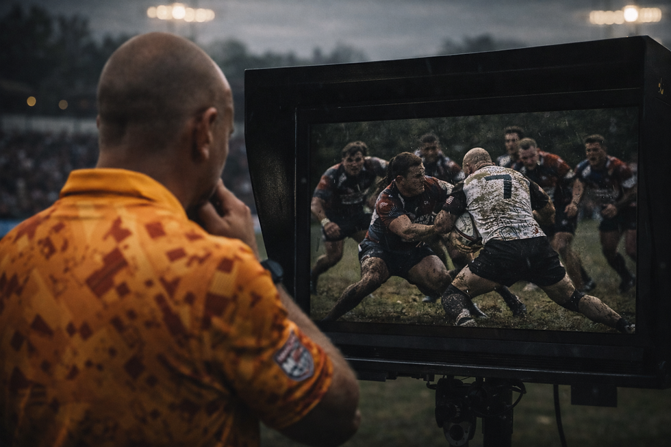 A rugby referee stands at a sideline monitor, studying a replay of a physical tackle between players. The screen shows a gritty, mud-covered scene of two teams colliding, while the referee watches closely with a focused, evaluative posture in a dimly lit stadium setting.