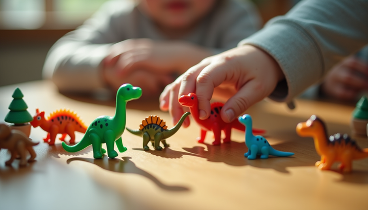 Eye-level view of a child’s hand arranging colorful dinosaur toys on a wooden table