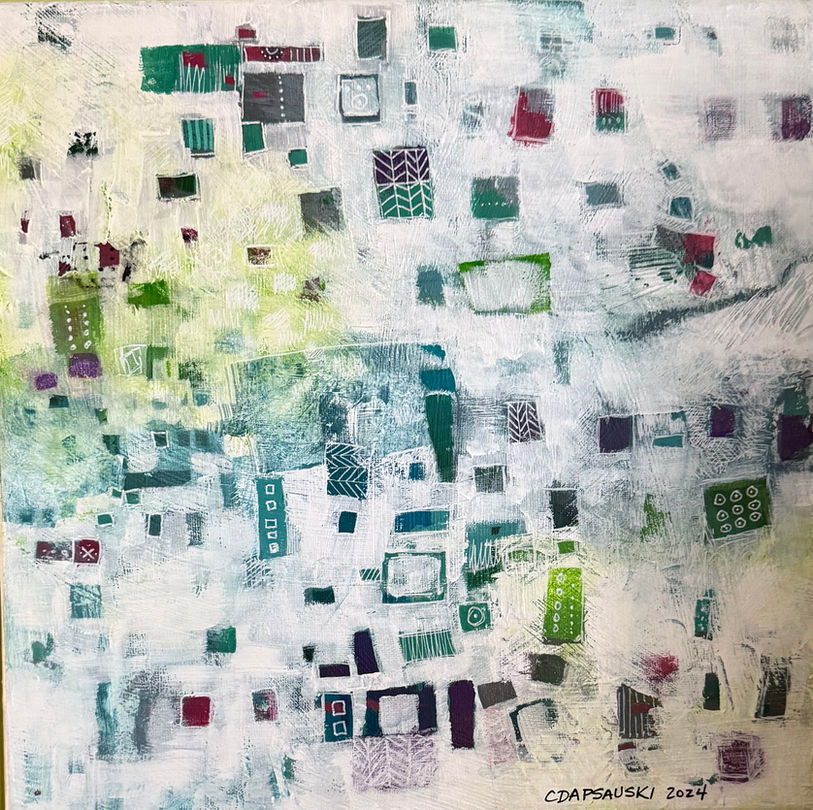 Abstract in predominantly white and soft hues of greens and purple