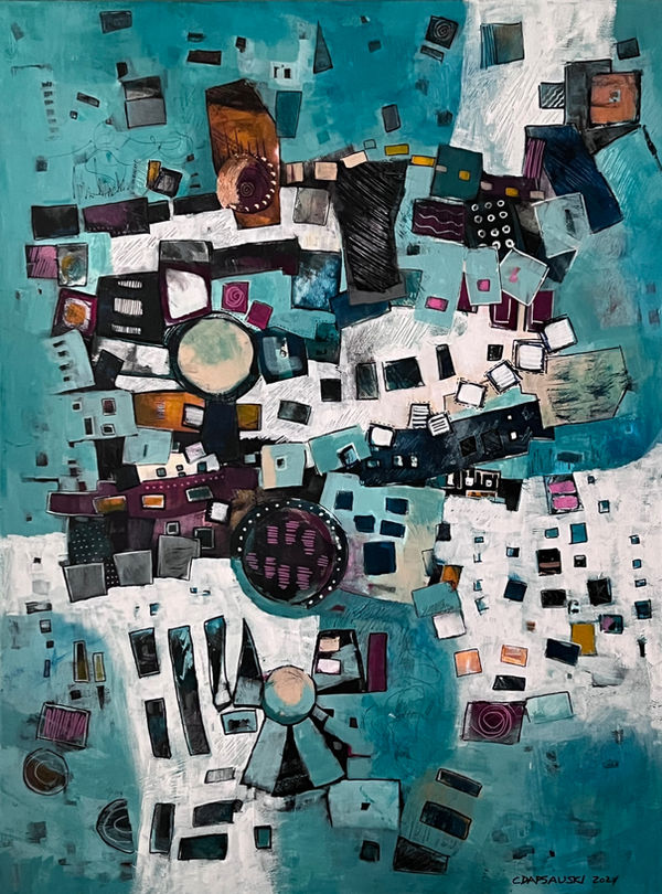 Abstract image using geometric shapes and mark making against teal background.