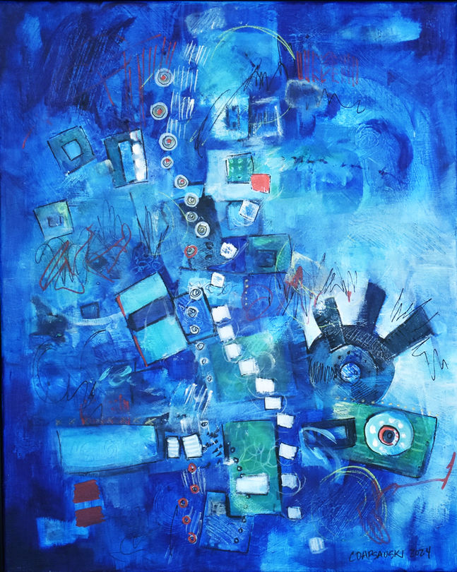 Abstract image with blue rectangles on a blue background with green shapes and tiny orange squares.