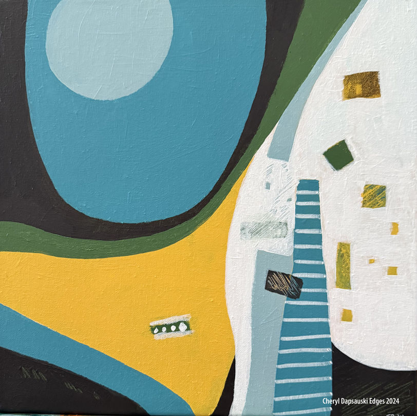 Abstract image using five colors, large shapes with clean edges.