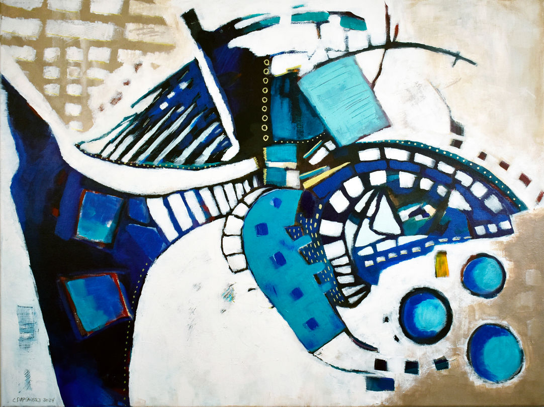 Contemporary abstract blue and tan teal blue tiles and branches