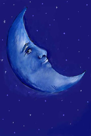 Blue crescent moon with a face against deep blue sky dotted with tiny stars. ©salesupinc