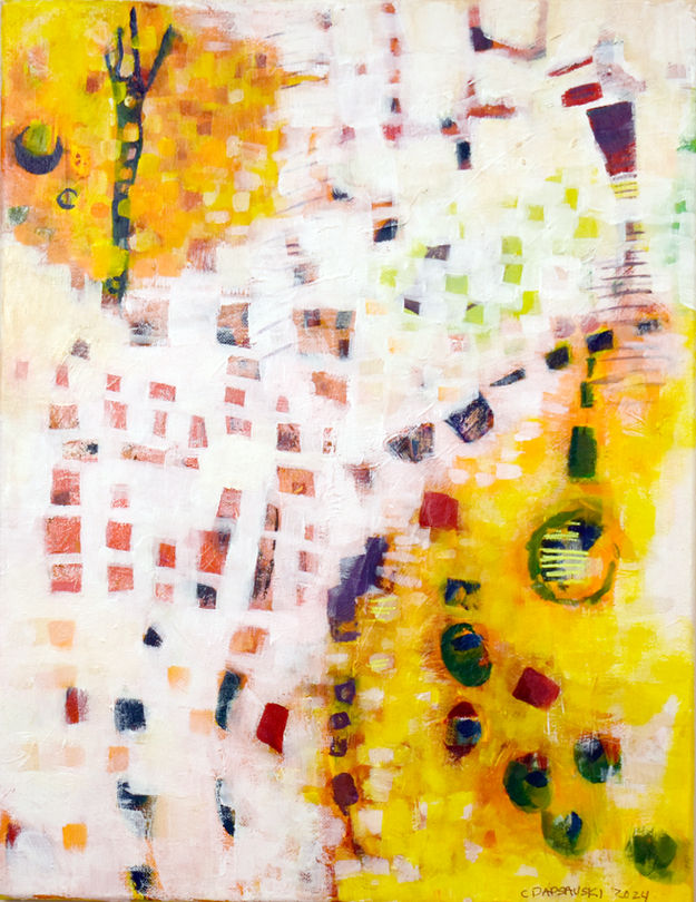 Abstract image with yellow at the top left and bottom right and small red orange, pink and light green rectangles against the white areas.