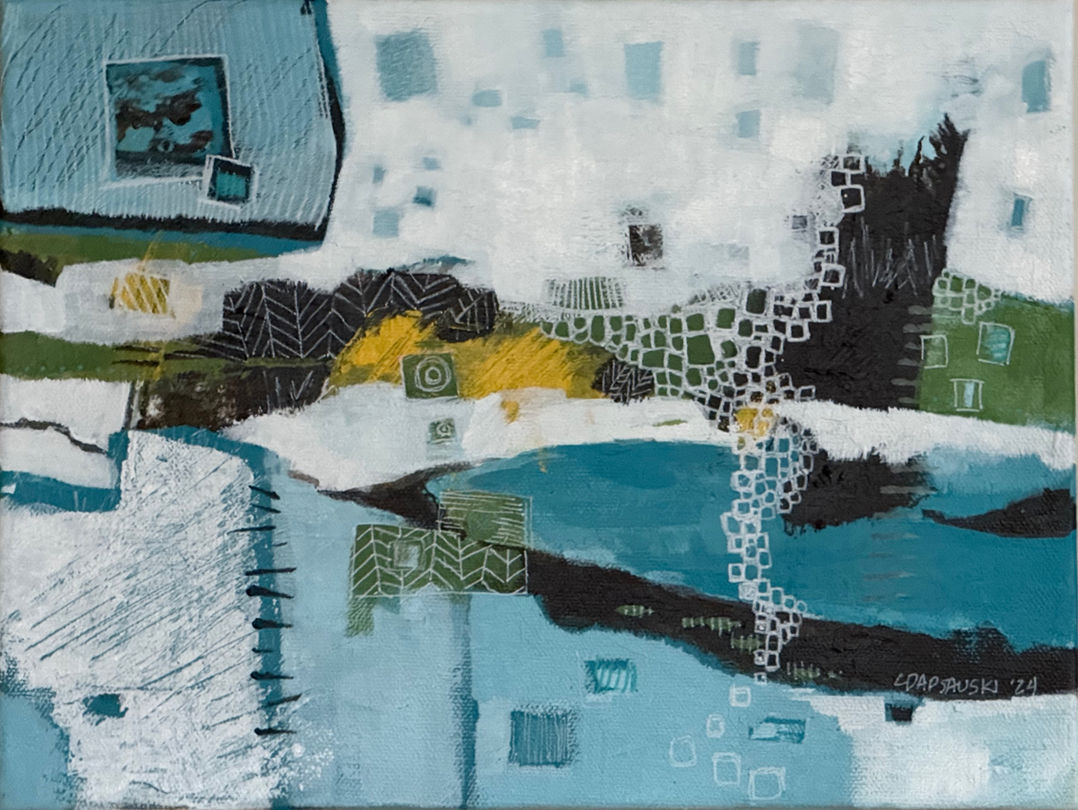 Abstract image using white, blue, deep turquoise, green, brown and yellow.