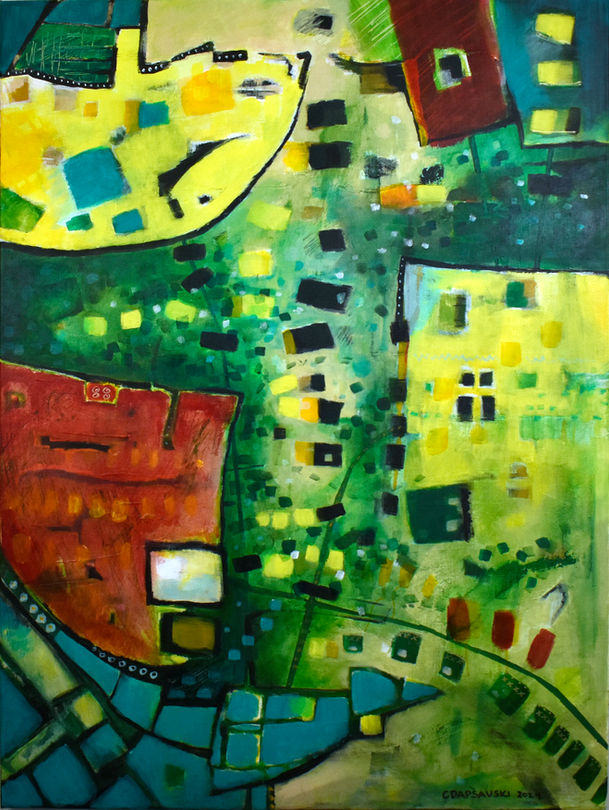 Abstract image with a large shapes in primary colors and a deep green background.