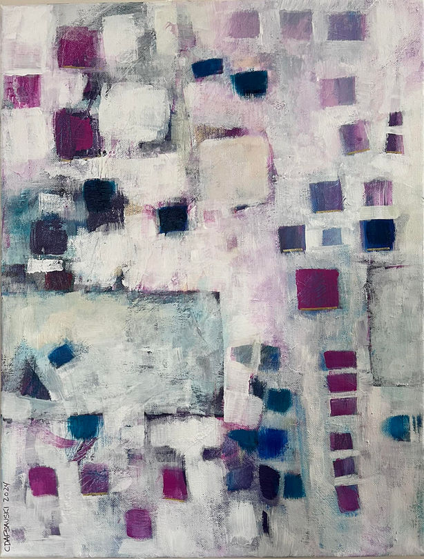 Abstract image in white with pink, magenta and dark blue shapes