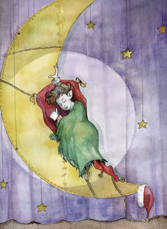 Drawn image of an elf sleeping on a cardboard cutout of a crescent moon on a stage, in a spotlight. 